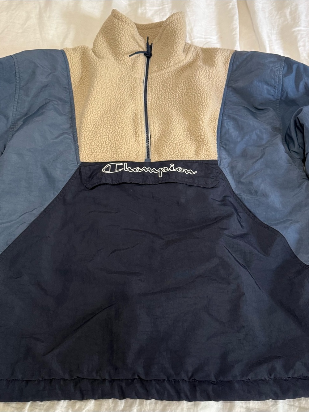 Champion Stadium Sherpa Anorak Men's 1/2 Zip Warm Jacket Blue and Tan Size Small